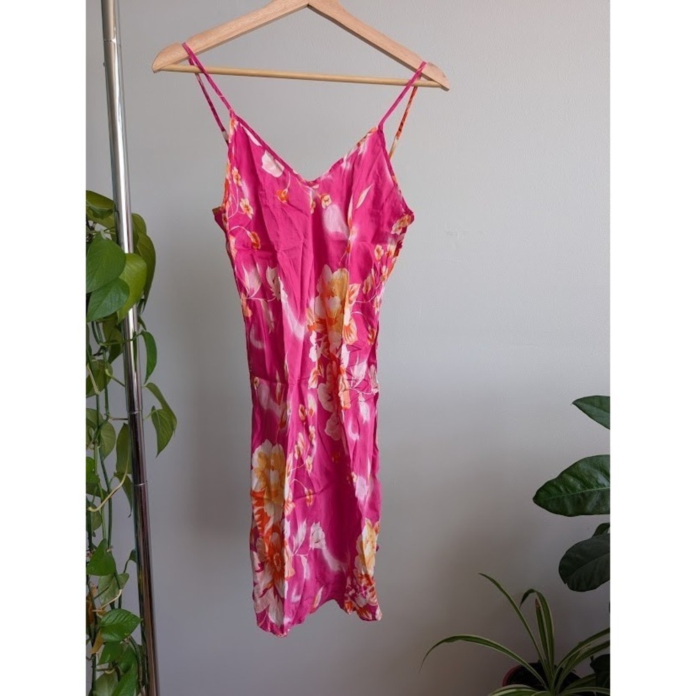 100% silk slip dress S pink tropical barbie cami spaghetti straps euro summer